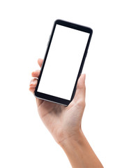 Woman hand holding the black smartphone with blank screen isolated on white background with clipping path.