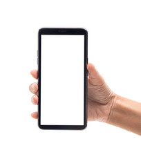 Woman hand holding the black smartphone with blank screen isolated on white background with clipping path.