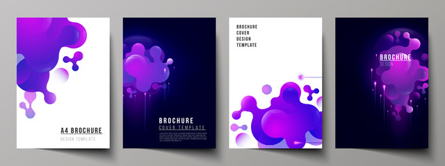 The vector layout of A4 format modern cover mockups design templates for brochure, magazine, flyer, booklet, annual report. Black background with fluid gradient, liquid blue colored geometric element.