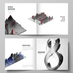 Vector layout of two covers templates for square design bifold brochure, magazine, flyer, booklet. Big data. Dynamic geometric background. Cubes pattern design with motion effect. 3d technology style.