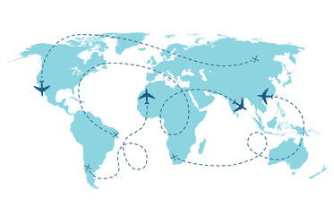 Airplane route. Plane trace line, aeroplanes pathways flight lines, planning routes travels pointers traffic track path vector set