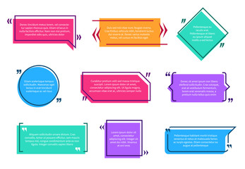 Texting boxes. Colored quote box speech bubble template text note brackets citation page empty frame stickers cartoon vector isolated