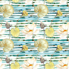 Seamless pattern with watercolor lotus. 