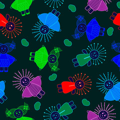 Seamless pattern. Bright cartoon kids and hearts on a dark background. Neon effect.