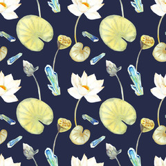 Seamless pattern with watercolor lotus and gems. 