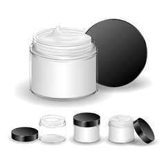 Cream jar isolated on white background. Cosmetic transparent bottle. Beauty product package. Vector illustration.