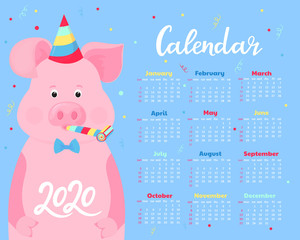 Obraz premium Calendar for 2020. Week start on Sunday. Cute pig in a striped party hats and horn blowers. Funny animal.