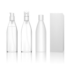 Transparent cosmetic plastic bottle with spray, dispenser pump. Liquid container for gel, lotion, shampoo, bath foam, skincare. Beauty product package. Vector illustration.