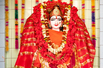 Oltar with Hindu goddess Mahankali idol, Hindu Temple near Ganga River, Varanasi, India