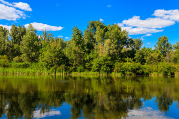 Summer landscape with beautiful river, green trees and blue sky