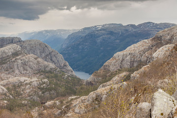 Fototapeta na wymiar View from trail to Preikestolen, Norway.