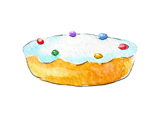 Watercolor sponge cake pie biscuit glazed top with powder of multi-colored balls on a white background isolated for illustrations of the menu, food, sweets and delicacies