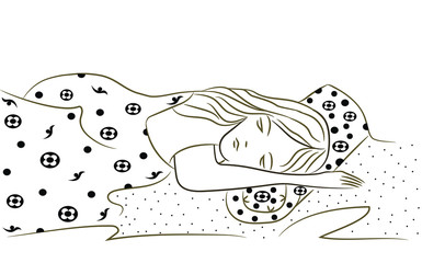 Girl sleeping in a bed. Bed linen with a floral abstract print. Scalable and editable vector illustration. Can be used in advertising fabric and bedding.