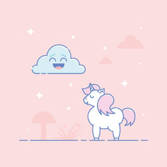 Unicorn with laughing cloud in flat linear style.