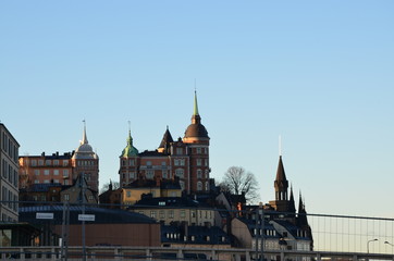 Fototapeta premium Stockholm city street panorama city stone blocks square shop road pavement signs road city streets city lights city mood 
