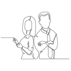 Sketch man and woman in office clothes. Line-art illustration.