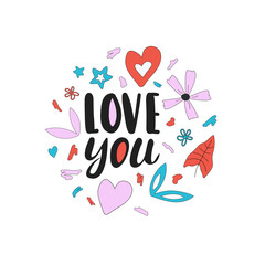 Hand drawn lettering with colorful hearts and flowers. Love you - phrase in scandinavian style. Vector illustration