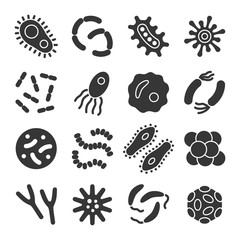 Bacteria, microbe, virus glyph vector icon set. Microscopic bacterium and bacillus collection, isolated on white background
