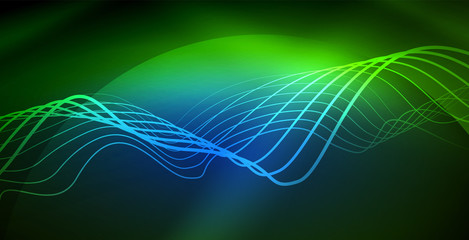 Glowing abstract wave on dark, shiny motion, magic space light. Techno abstract background