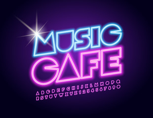 Fototapeta na wymiar Vector glowing emblem Music Cafe with Neon Font. Illuminated pink Alphabet Letters and Numbers 