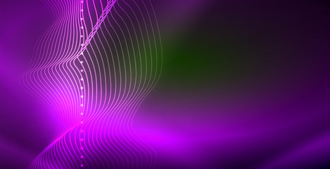 Fototapeta premium Glowing abstract wave on dark, shiny motion, magic space light. Techno abstract background
