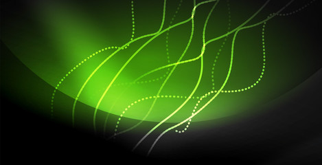 Glowing abstract wave on dark, shiny motion, magic space light. Techno abstract background