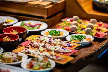 Sunday brunch buffet set up in Luxury Hotel, Brunch with Family in Restaurant. Various food