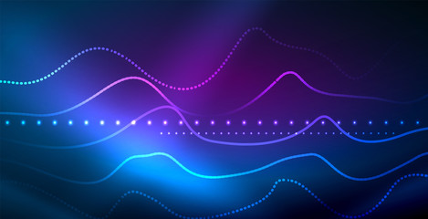 Glowing abstract wave on dark, shiny motion, magic space light. Vector techno abstract background