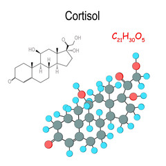 Cortisol. Chemical structural formula and model of hormone molecule. C21H30O5.
