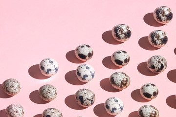 Geometric composition of tiny eggs in the corner, copy space. game for kids, entertainment