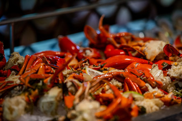 Fresh Crab on ice, Seafood buffet line in hotel restaurant
