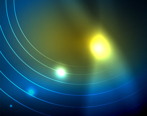 Blue neon circles, abstract circular lines. Glowing circle abstract pattern background