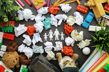 Background. Children's toys on the table. Space between kid's toys.