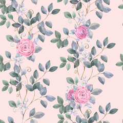 Hand painted watercolor illustration. Seamless botanical pattern with roses.