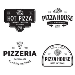 Set of pizza logo, badges, banners, emblems for fast food restaurant. Collection labels for menu design restaurant or pizzeria. - obrazy, fototapety, plakaty