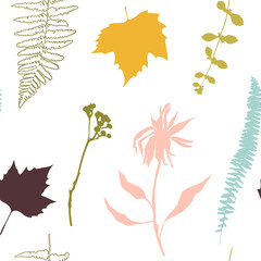 Botanical floral vector seamless pattern with hand drawn herbs, plants, flowers and leaves.