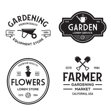 Set of vintage monochrome retro logo, badges, labels, emblems and design elements. Garden shop, service, center, flowers.