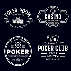 Fototapeta na wymiar Poker related labels emblems badges design elements set. Texas holdem poker club tournament logotype collection.