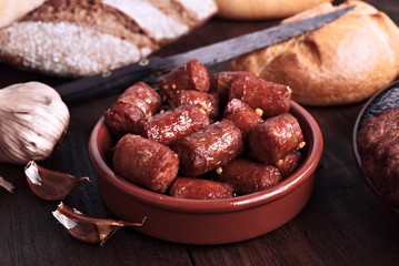 homemade fried longaniza casserole, typical of Spain