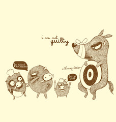 Three Little Pigs and the Big Bad Wolf , revenge of little pig and woof,storytelling the three little pigs - Vector