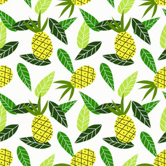 Pineapple and green leaves seamless pattern.