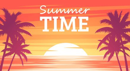 Obraz premium Summer tropical background. Palms silhouettes on the beach. Sunset or sunrise colors. Beautiful orange sky and nature landscape. Simple modern design. Flat style vector illustration.