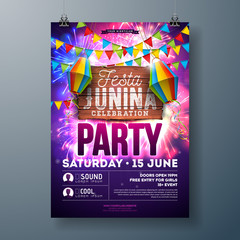 Festa Junina Party Flyer Design with Flags, Paper Lantern and Typography Design on Firework Background. Vector Traditional Brazil June Festival Illustration for Invitation or Holiday Celebration - obrazy, fototapety, plakaty