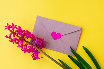 Love envelope and pink hyacinth flowers with pink heart on bright yellow bacground.