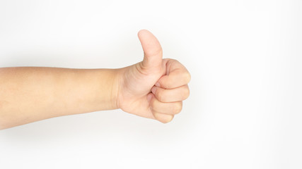 thumbs up child hand thumbing  with white background.