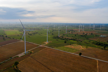 Aerial view of wind turbines on the field. Production of clean energy without pollution for the environment. Cleaner Power generation