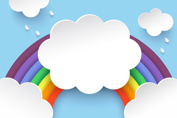 Clouds and rainbow in paper art style. Postcard and poster.