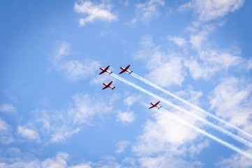 TEL AVIV, ISRAEL. May 9, 2019. Four Beechcraft T-6 Texan II turboprop airplanes flying over the Tel...