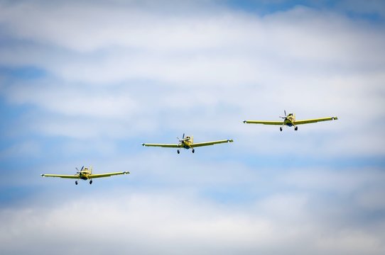 TEL AVIV, ISRAEL. May 9, 2019. Three Air Tractor AT-802F firebombers air tankers flying over the Tel Aviv coast during the annual flyby on the occasion of the 71 Israel Independence Day concept. 