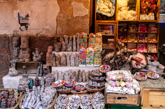 Llama foetuses for sale at the La Paz Witches Market (El Mercado de Las Brujas de La Paz) in the center of La Paz, Bolivia, South America